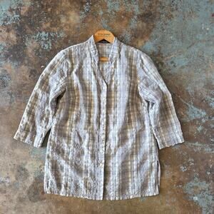 Cut Loose Gray Plaid Tunic Top Size S 3/4 Sleeve V Neck Textured Rayon Blend